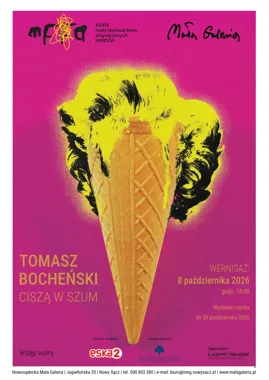 Grafika promocyjna wydarzenia Wernisaż wystawy plakatów Tomasza Bocheńskiego „Ciszą w szum”