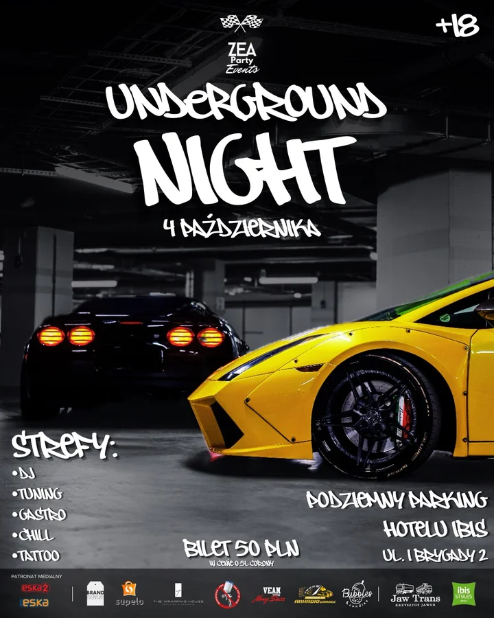 Obrazek przedstawia grafikę promocyjną wydarzenia Nocne spotkanie miłośników motoryzacji i muzyki w Nowym Sączu
