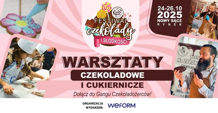 Obrazek przedstawia grafikę promocyjną wydarzenia Warsztaty czekoladowe i cukiernicze dla dzieci w Nowym Sączu