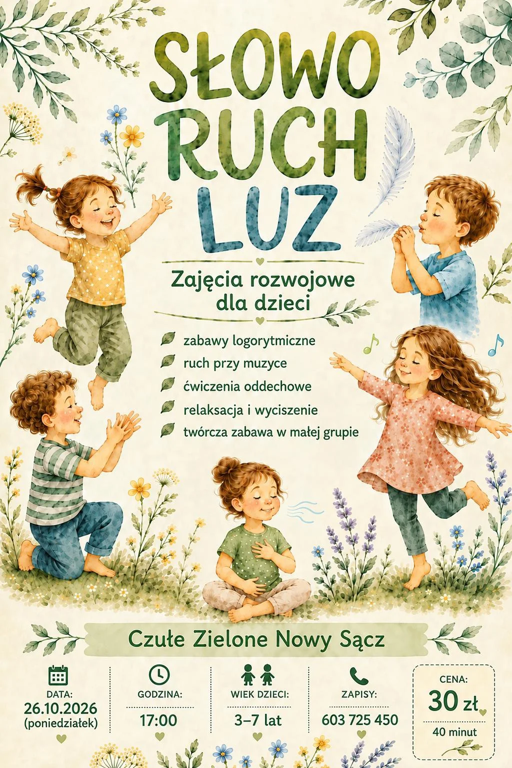 Grafika promocyjna wydarzenia SŁOWO, RUCH, LUZ: warsztaty dla dzieci