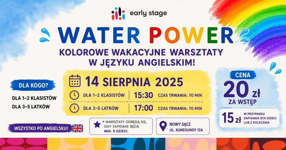 Grafika promocyjna wydarzenia WARSZTATY WAKACYJNE – WATER POWER: kolory po angielsku