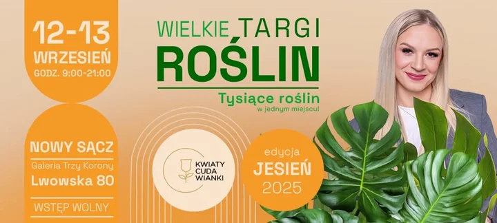 Obrazek przedstawia grafikę promocyjną wydarzenia Targi roślin w Galerii Trzy Korony w Nowym Sączu