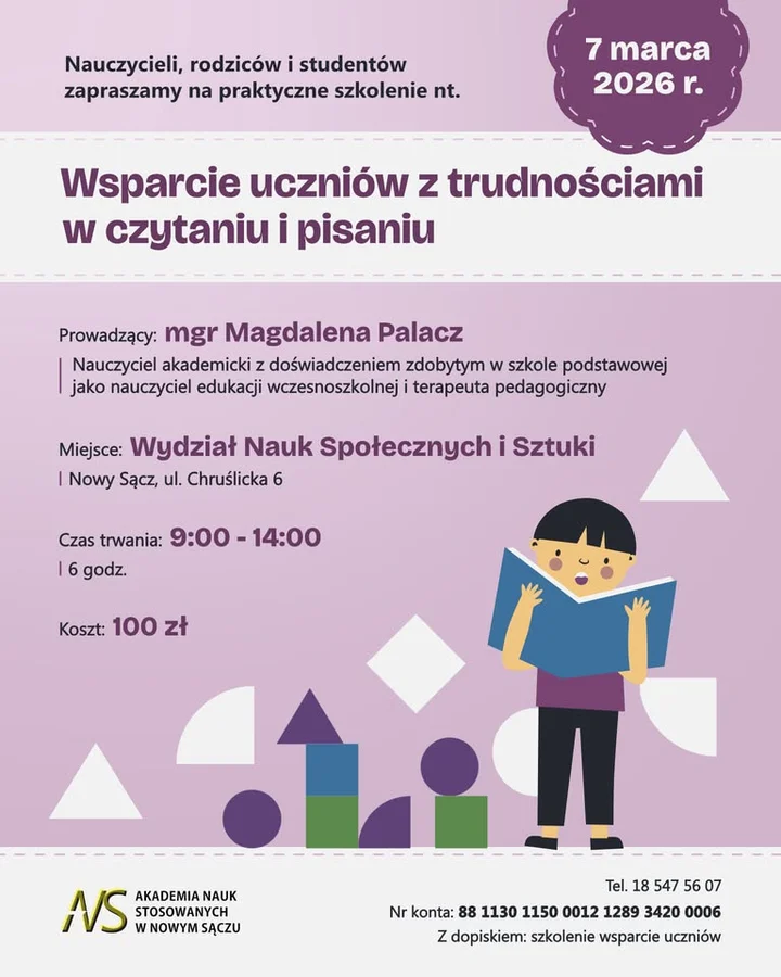 Grafika promocyjna wydarzenia Wsparcie uczniów z trudnościami w czytaniu i pisaniu — praktyczne szkolenie dla nauczycieli, rodziców i studentów