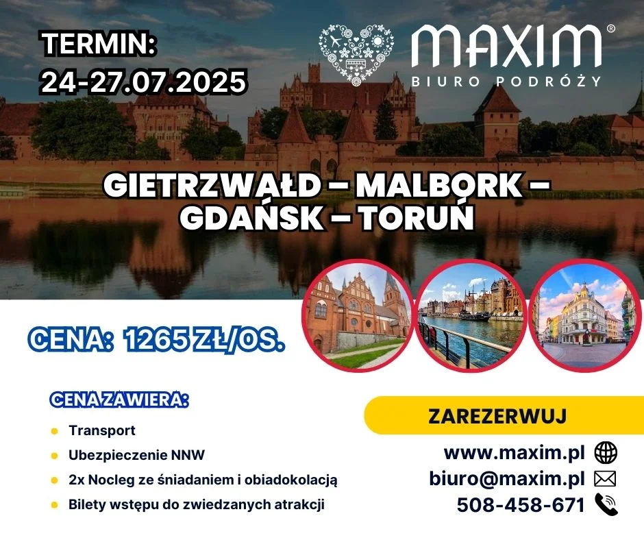 Grafika promocyjna wydarzenia Wycieczka krajoznawcza po północnej Polsce: Gietrzwałd, Malbork, Gdańsk i Toruń