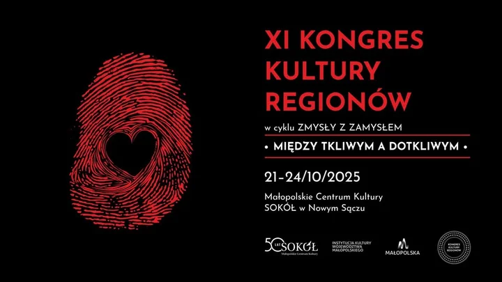 Obrazek przedstawia grafikę promocyjną wydarzenia Kongres Kultury Regionów w Nowym Sączu: temat zmysłu dotyku
