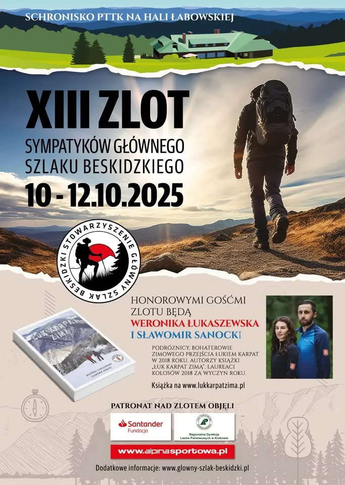 Obrazek przedstawia grafikę promocyjną wydarzenia XIII Zlot Sympatyków Głównego Szlaku Beskidzkiego — spotkanie na Hali Łabowskiej