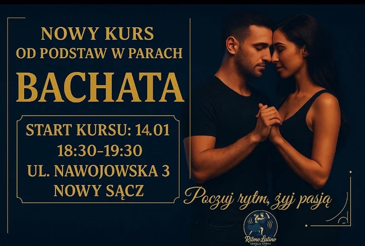 Grafika promocyjna wydarzenia Zimowa BACHATA - taniec, który rozgrzeje serce — kurs od podstaw w Nowym Sączu