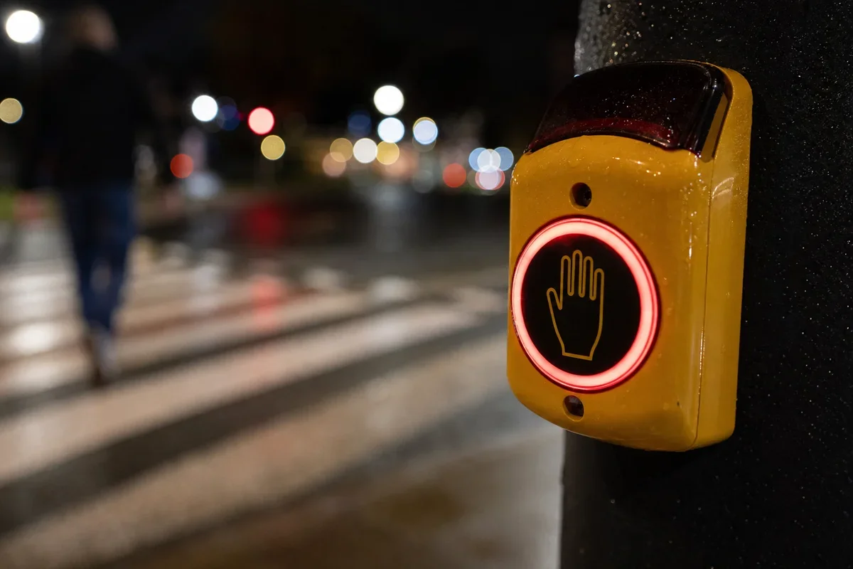 Żółty przycisk dla pieszych przy przejściu dla pieszych w nocy, z podświetloną czerwoną ikoną dłoni.
