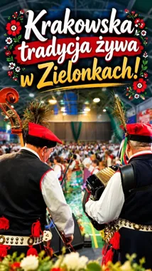 Dwaj mężczyźni w krakowskich strojach ludowych grają na kontrabasie i akordeonie podczas wydarzenia folklorystycznego w hali sportowej w Zielonkach.